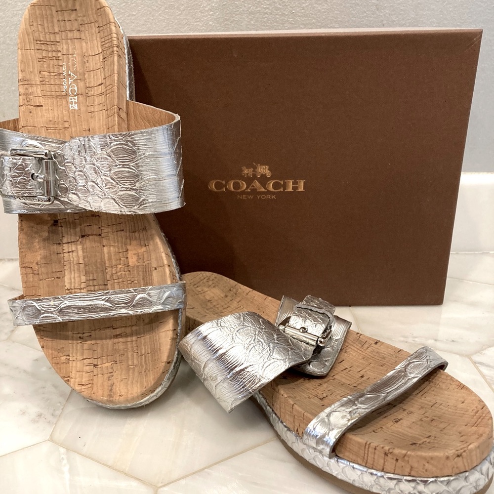 Authentic COACH Silver/Cork Snake Pattern Sandals
